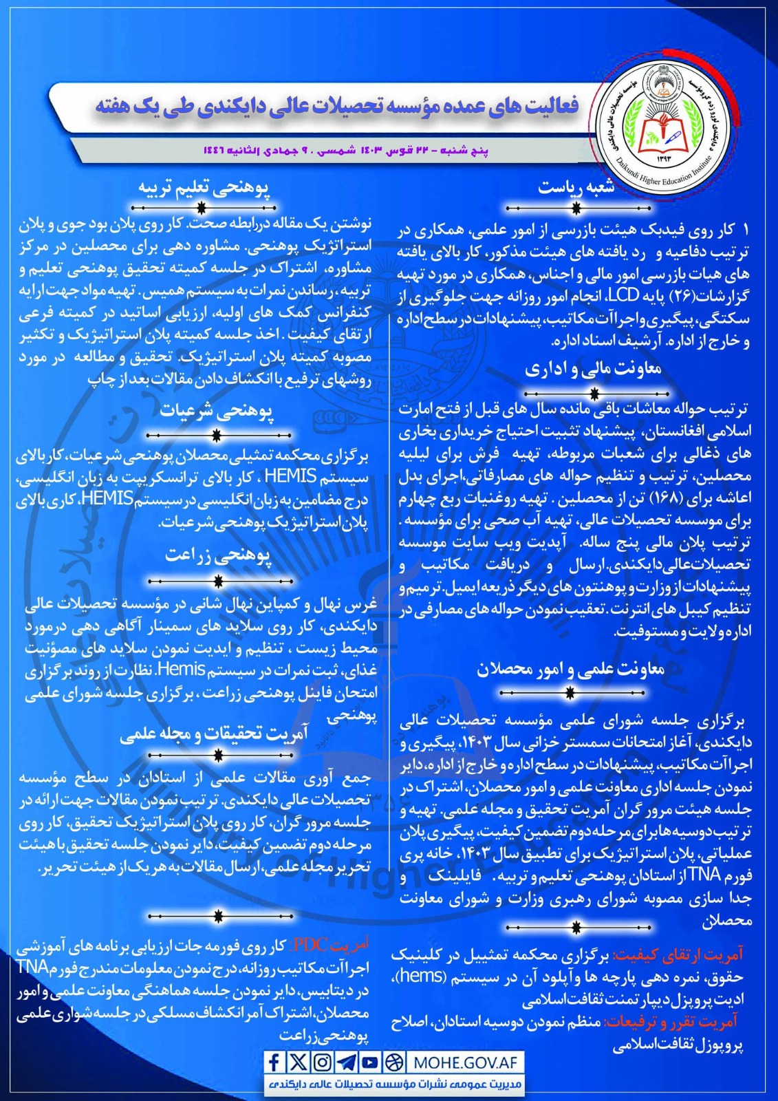 گزارش هفته مؤسسه تحصیلات عالی دایکندی