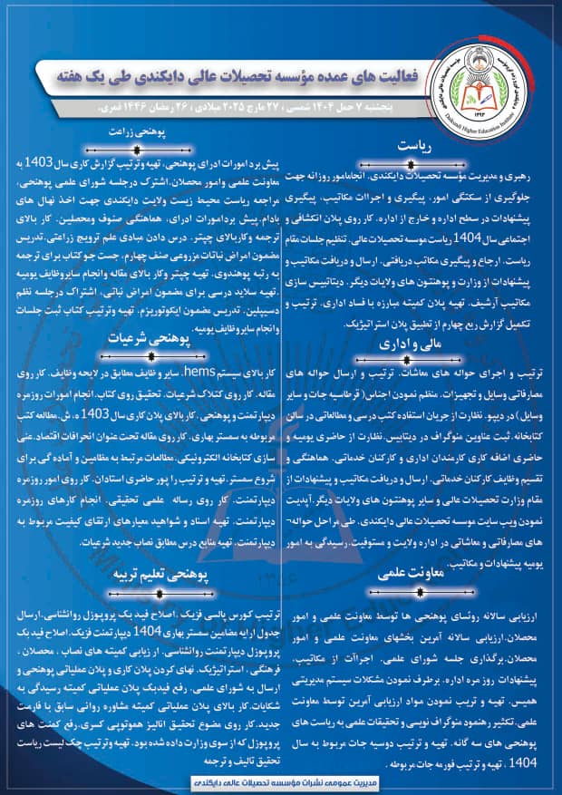 گزارش هفته موسسه تحصیلات عالی دایکندی